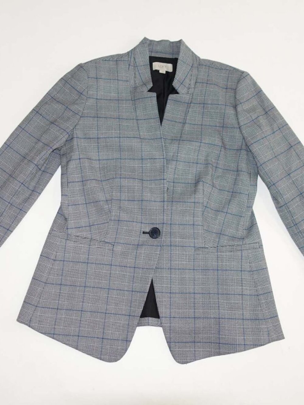 Loft Outlet Women's 1 Button Blazer Jacket Size 6 Gray Blue Windowpane Plaid